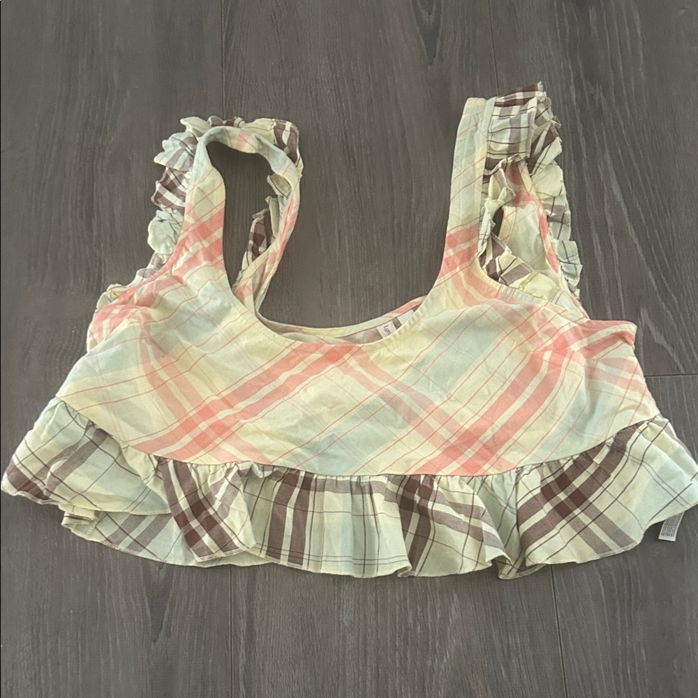 Anthropologie Ruffled Plaid Crop Tank Top - Pastel Pink & Cream